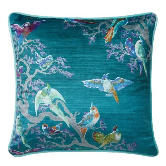 Square Cushion with Bird Print - Blue, Velvet