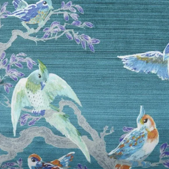 Square Cushion with Bird Print - Blue, Velvet