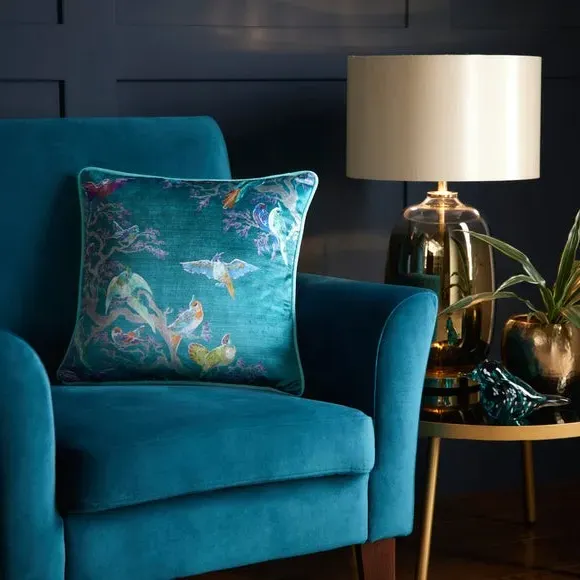 Square Cushion with Bird Print - Blue, Velvet image