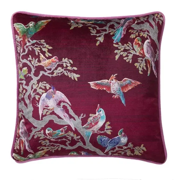 Square Cushion with Bird Print - Pink, Velvet