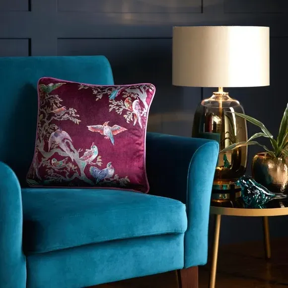 Square Cushion with Bird Print - Pink, Velvet