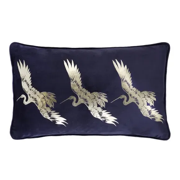 Square Cushion with Crane Design - Navy, Velvet