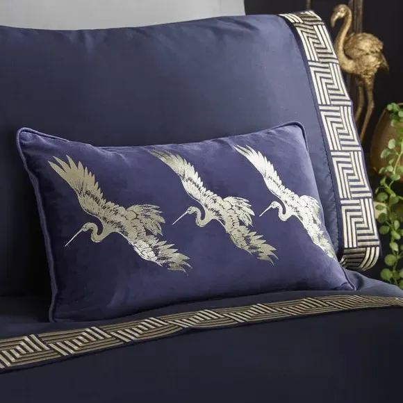 Square Cushion with Crane Design - Navy, Velvet