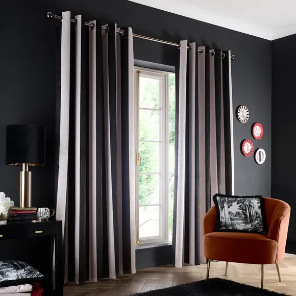 Striped Blackout Eyelet Curtains - Black, Velvet