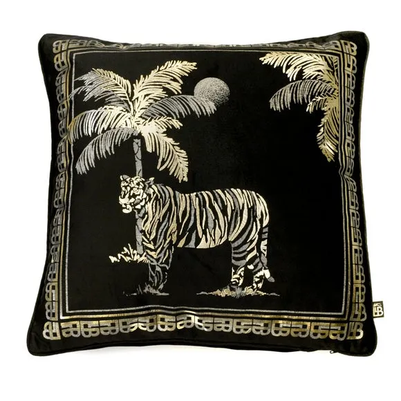 Tiger Print Cushion - Black, Velvet