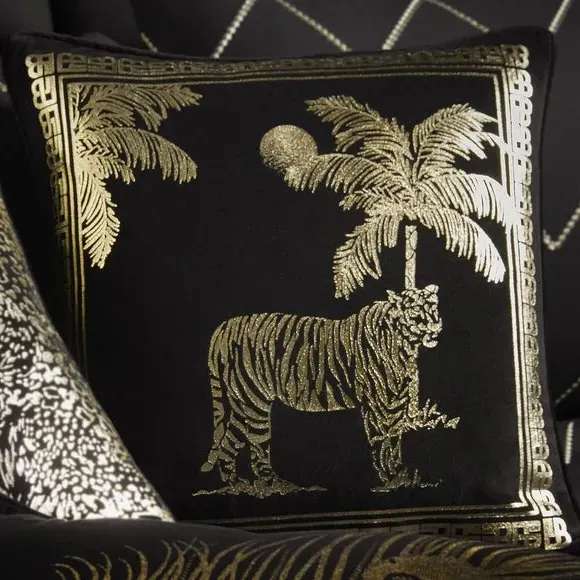 Tiger Print Cushion - Black, Velvet