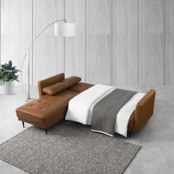 Corner Double Sofa Bed with Chaise - Tan, Faux Leather