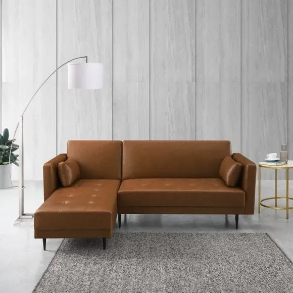 Corner Double Sofa Bed with Chaise - Tan, Faux Leather image