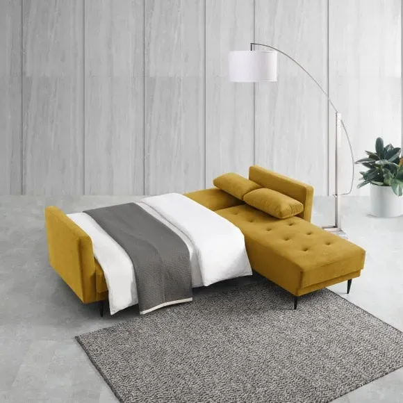 Corner Double Sofa Bed with Storage - Mustard, Velvet