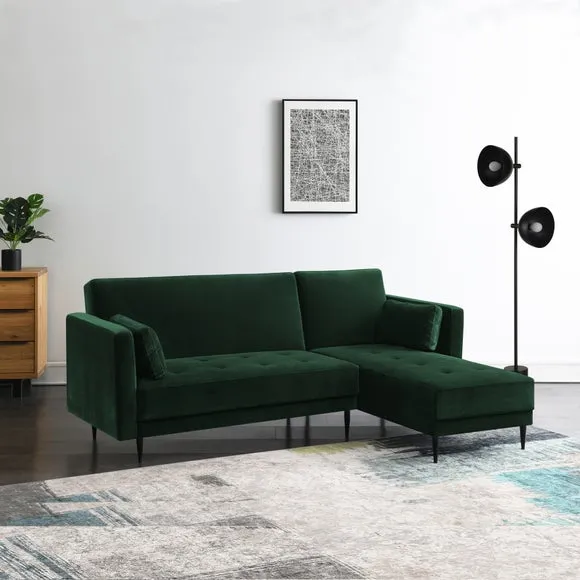 3-Seater Corner Sofa Bed - Green, Velvet image