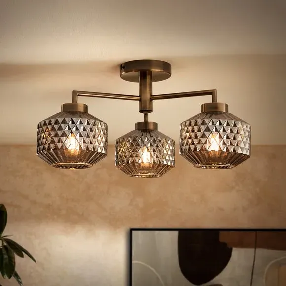 3-Light Semi Flush Ceiling Light - Grey, Glass