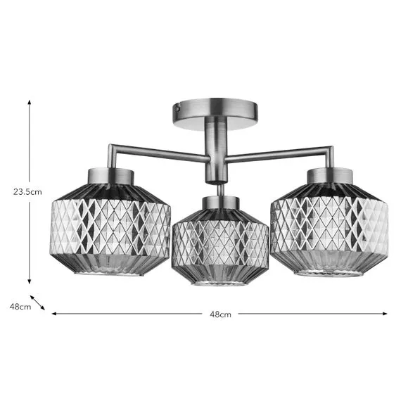 3-Light Semi Flush Ceiling Light - Grey, Glass