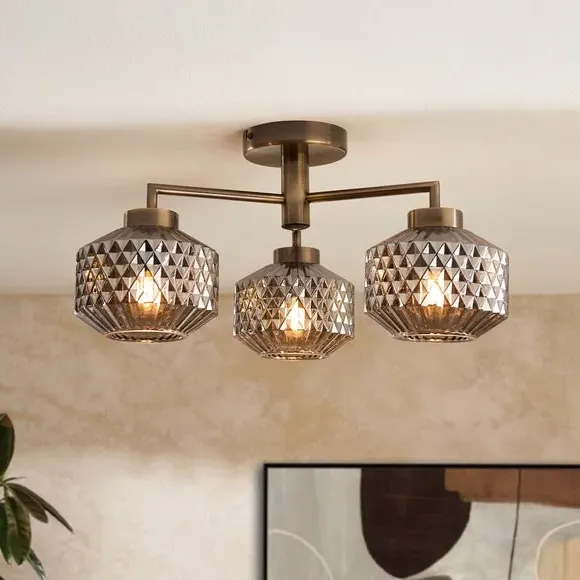 3-Light Semi Flush Ceiling Light - Grey, Glass image