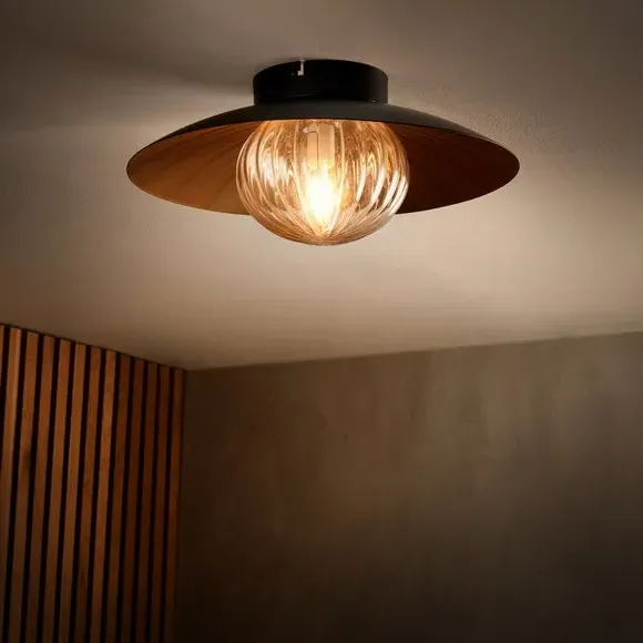 Flush Ceiling Light with Ribbed Shade - Gold