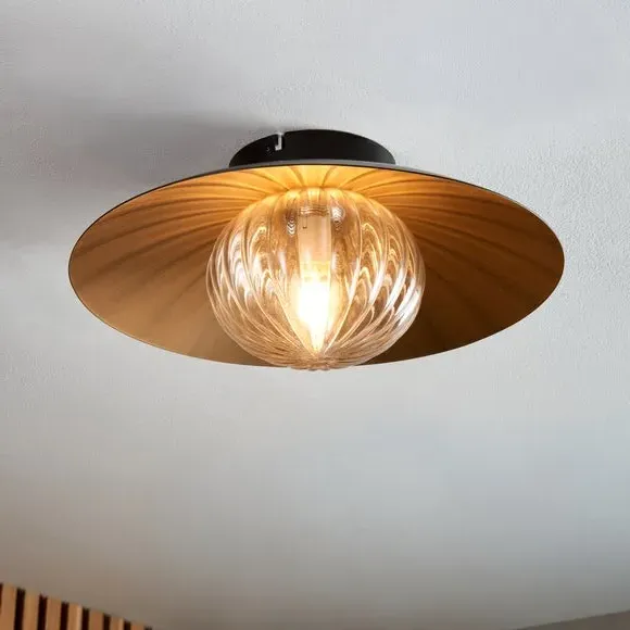 Flush Ceiling Light with Ribbed Shade - Gold image