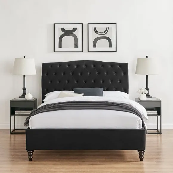 Bed Frame with Large Headboard - Black, Velvet