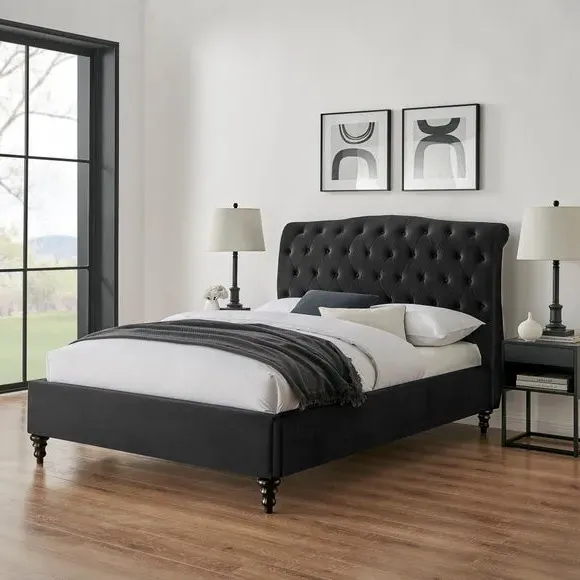 Bed Frame with Large Headboard - Black, Velvet
