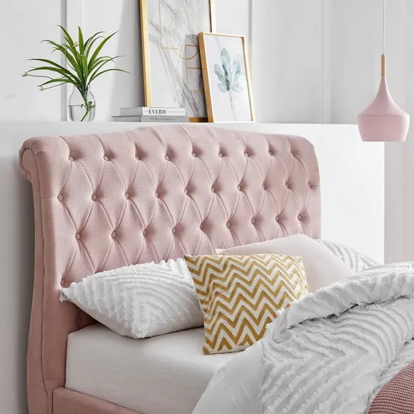 Bed Frame with Large Headboard - Blush, Velvet