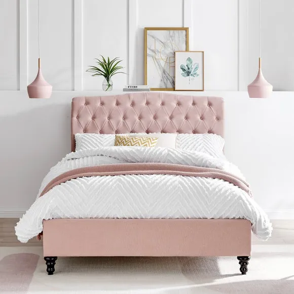 Bed Frame with Large Headboard - Blush, Velvet