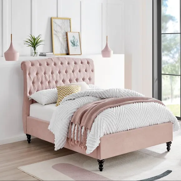 Bed Frame with Large Headboard - Blush, Velvet image