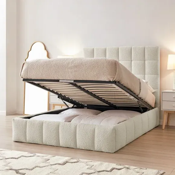Ottoman Bed Frame with Storage - Ivory, Boucle