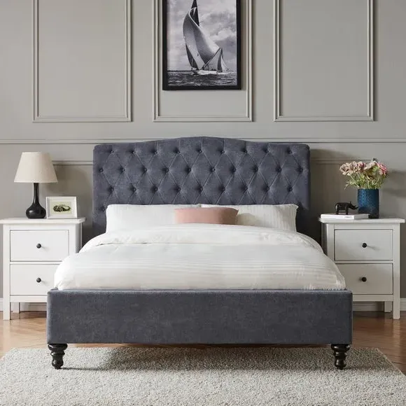 Upholstered Bed Frame with Tufted Headboard - Charcoal