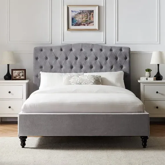 Upholstered Bed Frame with Tufted Headboard - Grey