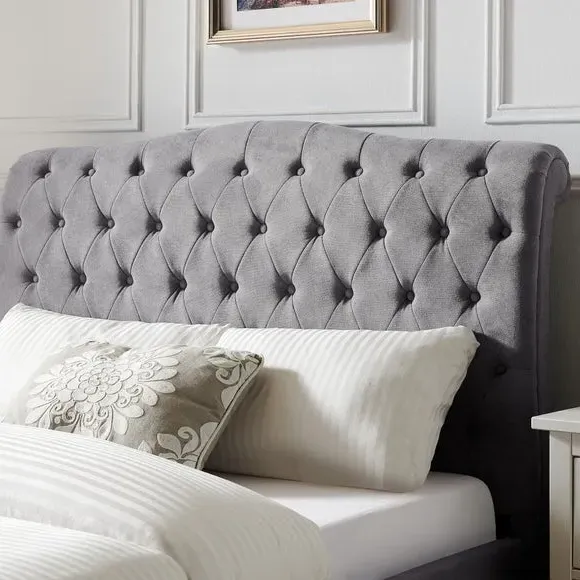 Upholstered Bed Frame with Tufted Headboard - Grey