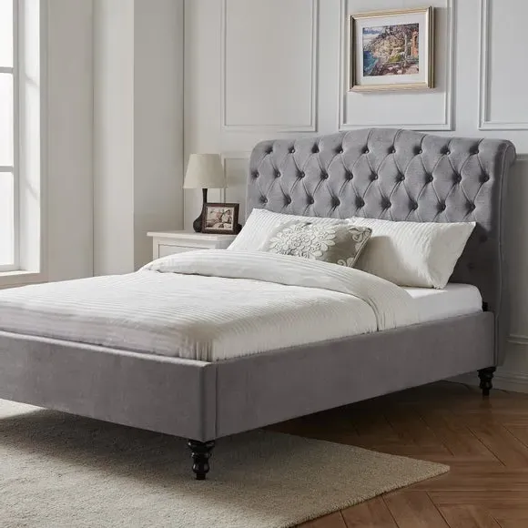 Upholstered Bed Frame with Tufted Headboard - Grey