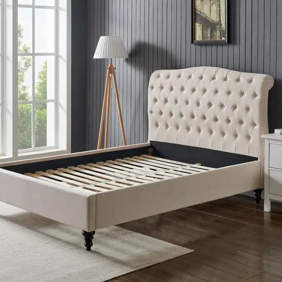 Upholstered Bed Frame with Tufted Headboard - Natural