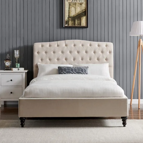 Upholstered Bed Frame with Tufted Headboard - Natural