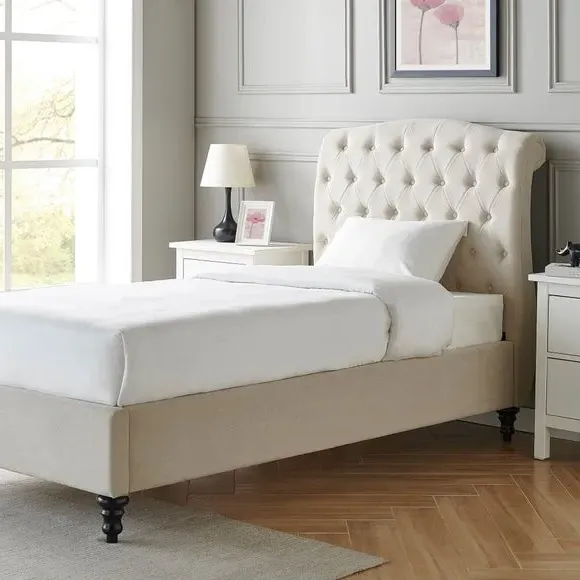 Upholstered Bed Frame with Tufted Headboard - Natural