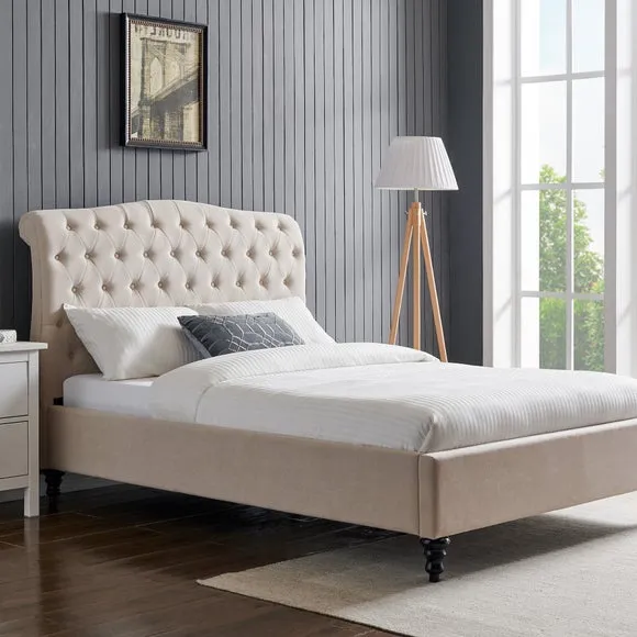Upholstered Bed Frame with Tufted Headboard - Natural