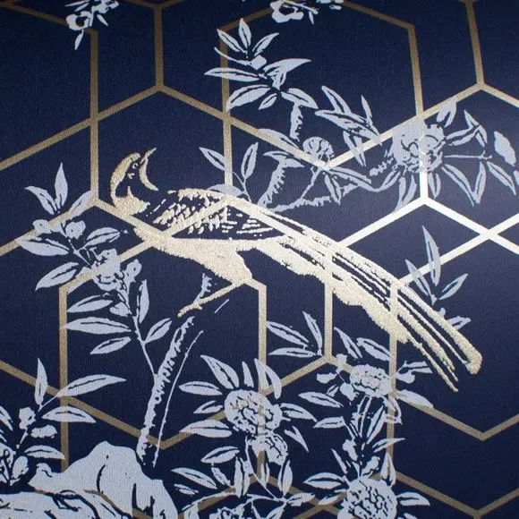 Floral Wallpaper with Metallic Details - Blue