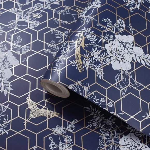 Floral Wallpaper with Metallic Details - Blue