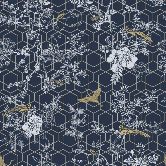 Floral Wallpaper with Metallic Details - Blue