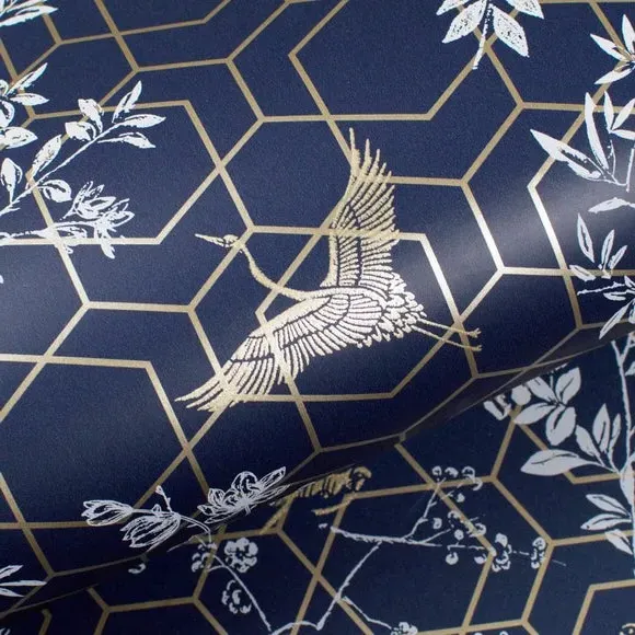 Floral Wallpaper with Metallic Details - Blue