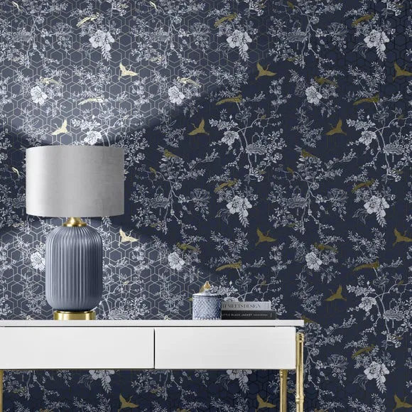 Floral Wallpaper with Metallic Details - Blue image