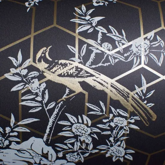 Floral Wallpaper with Metallic Details - Charcoal