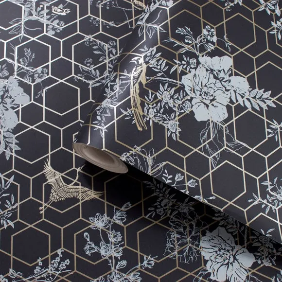 Floral Wallpaper with Metallic Details - Charcoal