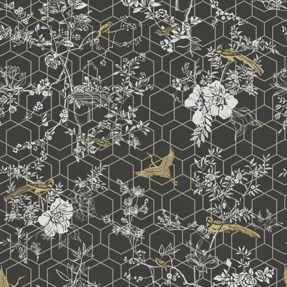 Floral Wallpaper with Metallic Details - Charcoal
