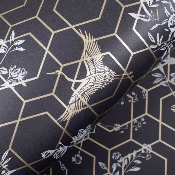 Floral Wallpaper with Metallic Details - Charcoal