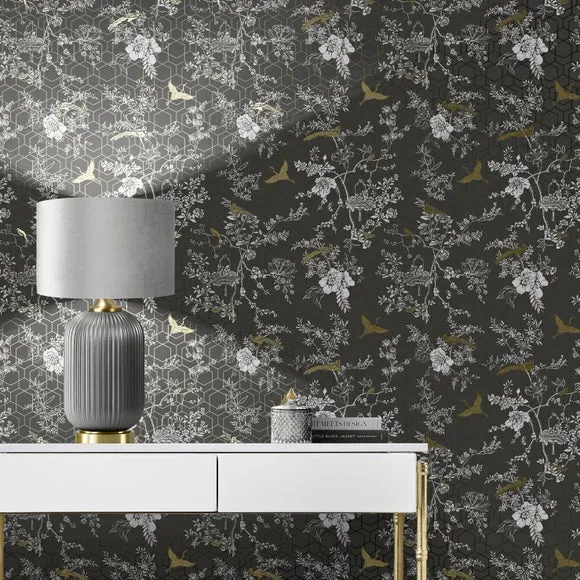 Floral Wallpaper with Metallic Details - Charcoal