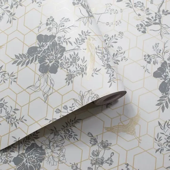 Floral Wallpaper with Metallic Details - Grey