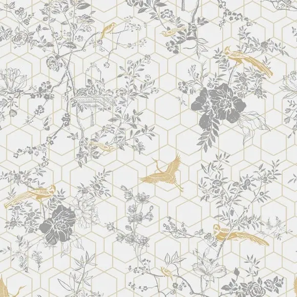 Floral Wallpaper with Metallic Details - Grey