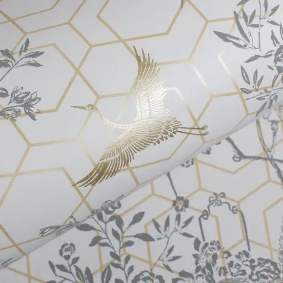 Floral Wallpaper with Metallic Details - Grey