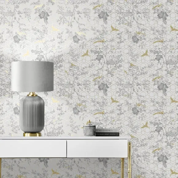 Floral Wallpaper with Metallic Details - Grey