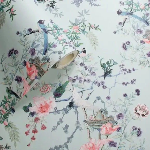 Floral Wallpaper with Smooth Finish - Duck Egg