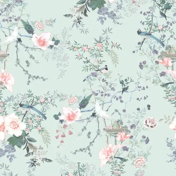 Floral Wallpaper with Smooth Finish - Duck Egg