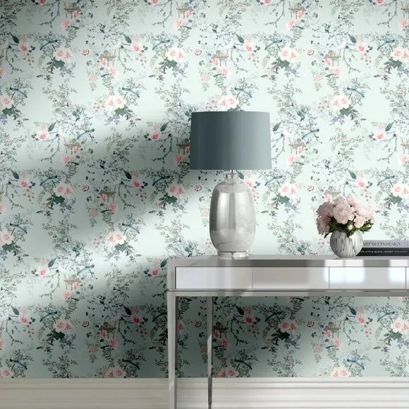 Floral Wallpaper with Smooth Finish - Duck Egg image